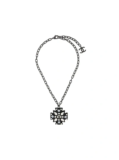 Pre-owned Chanel Embellished Cross Necklace In Metallic