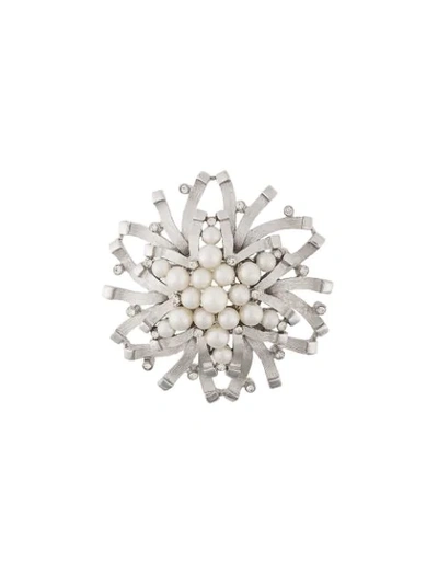 Susan Caplan Vintage Trifari Silver Faux Pearl And Crystal Brooch - Metallic