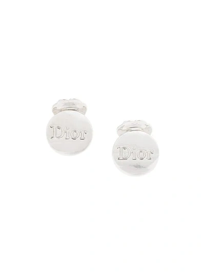 Pre-owned Dior Logo Embossed Round Clip-on Earrings In Silver