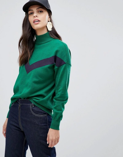 Liquorish High Neck Asymmetric Sweater With Contrast Zig Zag Panel - Green
