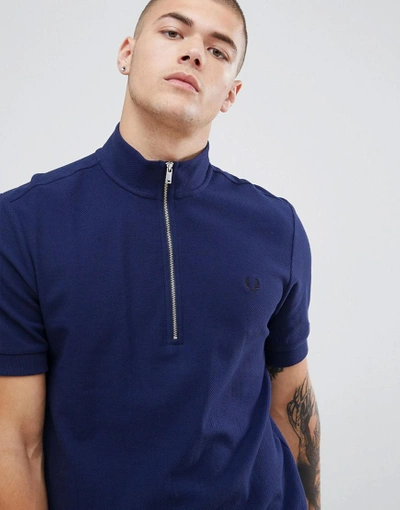 Fred Perry Waffle Texture Half Zip Funnel Neck Polo In Navy - Navy |  ModeSens