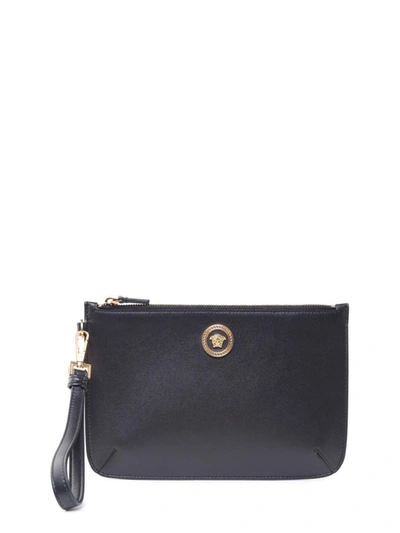 Versace Icon Leather Clutch In Nero