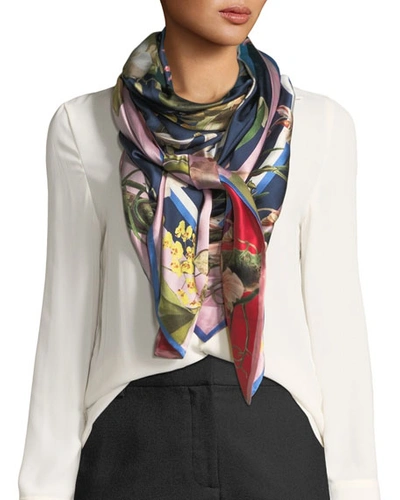 St. Piece Imelda Double-sided Silk Floral Scarf In Blue/red