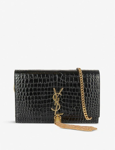 Saint Laurent Kate Tassel-embellished Croc-embossed Leather Wallet-on-chain In Black/gold