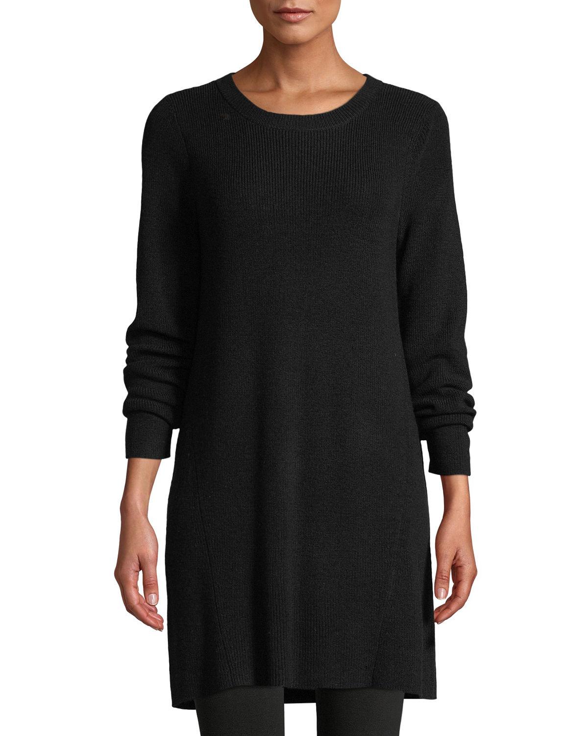 Eileen Fisher Round Neck Merino Wool Tunic In Black | ModeSens