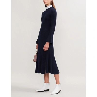 Sandro Contrast Collar Knitted Midi Dress In Deep Navy