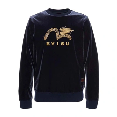 Evisu Brocade Appliqued Velour Sweatshirt With Dragon Embroidery In Navy