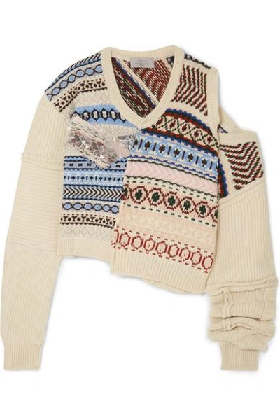 Preen By Thornton Bregazzi Cutout Distressed Fair Isle Wool Sweater In Ivory