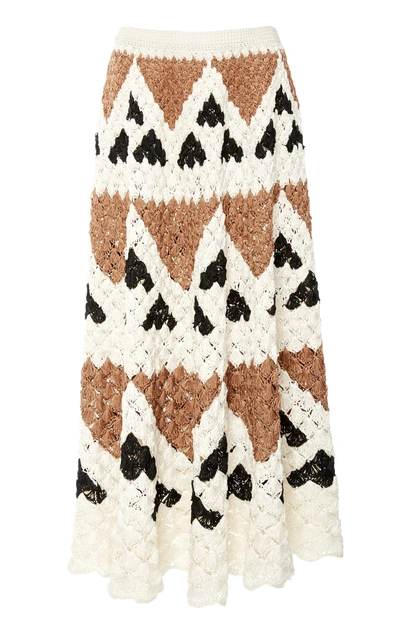 Oscar De La Renta Scalloped Crocheted Silk Midi Skirt In Multi