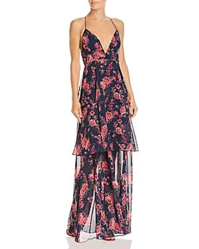 Fame And Partners Wyatt Floral Tiered Gown In Grand Fleur Navy