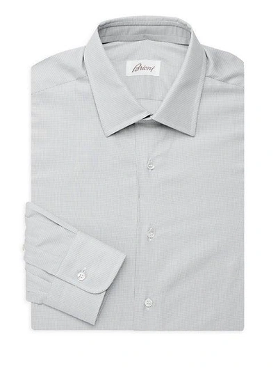 Brioni Micro-check Cotton Dress Shirt In Grey