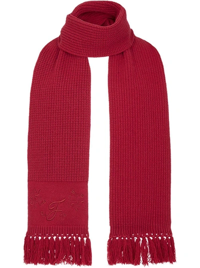 Fendi Cashmere Embroidered Fringed Scarf In Red