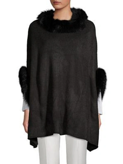 Adrienne Landau Dyed Fox Fur Trimmed Poncho In Black
