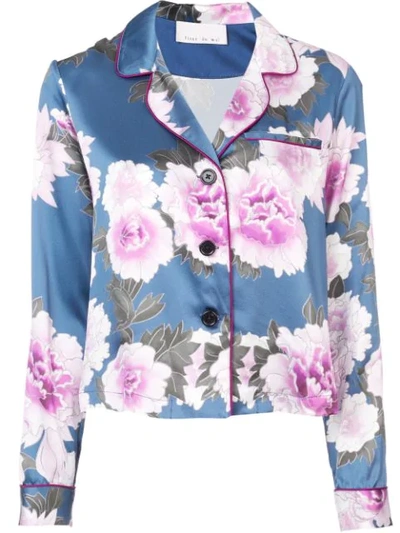 Fleur Du Mal Floral Silk Pajama Top In Blue