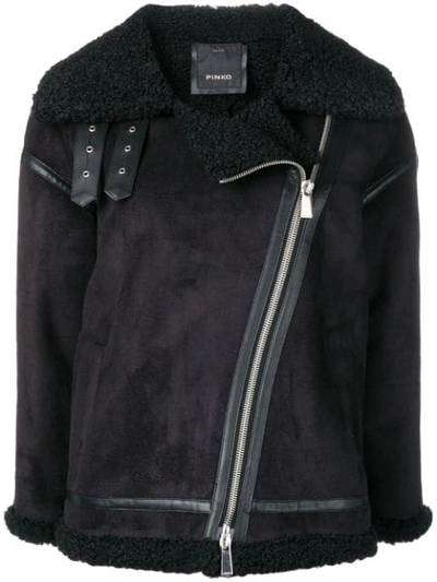 Pinko Shearling Biker Jacket In Black