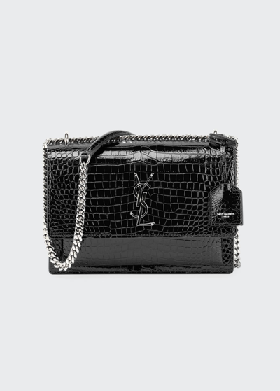 Saint Laurent Sunset Medium Crocodile-embossed Crossbody Bag In Black