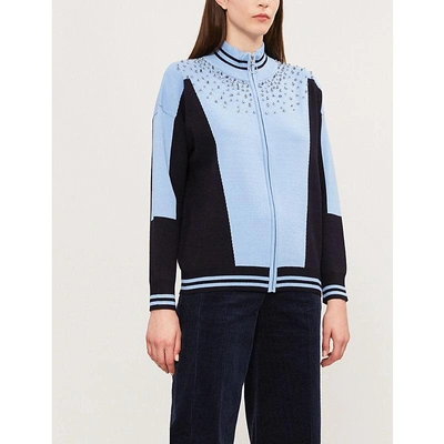 Sandro Embellished Knitted Cardigan In Sky Blue
