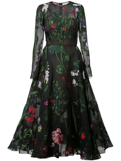 Oscar De La Renta Long-sleeve Belted Floral-embroidered Fit-and-flare Mesh Evening Gown, Black Pattern
