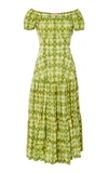 Michael Kors Off-the-shoulder Checked Tiered Cotton-poplin Midi Dress In Green
