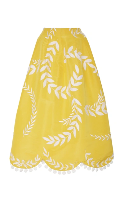 Oscar De La Renta Two-pocket Fern Thread-work Embroidered Full Midi Skirt W/ Scallop Hem In Yellow