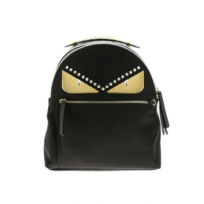 Fendi Monster Eyes Nylon And Leather Backpack With Bag Bugs Eyes Metal Patch In Black