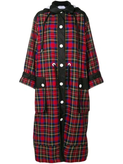No Ka'oi Long Hooded Plaid Coat In Red