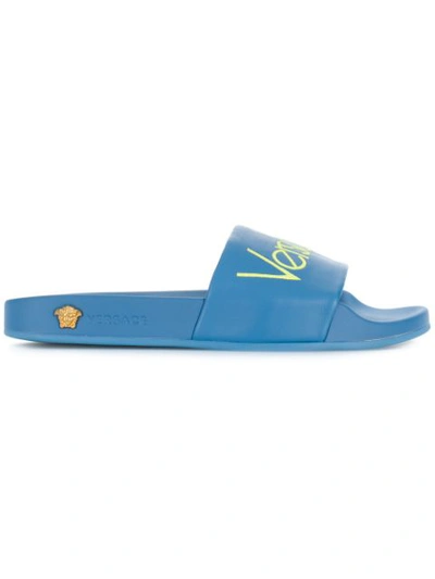 Versace Logo Slider Sandals In Light Blue