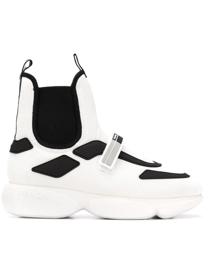 Prada Cloudbust Logo-embossed Rubber, Neoprene And Leather-trimmed Mesh High-top Trainers In Bianco+nero