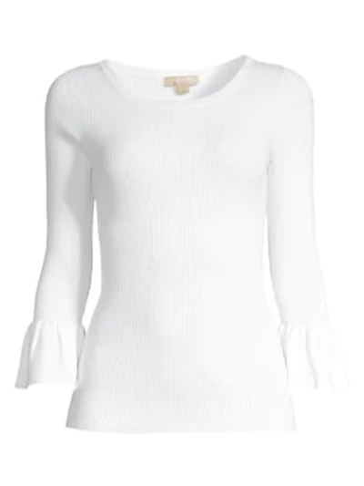 Michael Kors Rib-knit Bell Sleeve Top In White