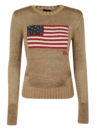 Polo Ralph Lauren Metallic Cotton Blend Flag Sweater In Gold