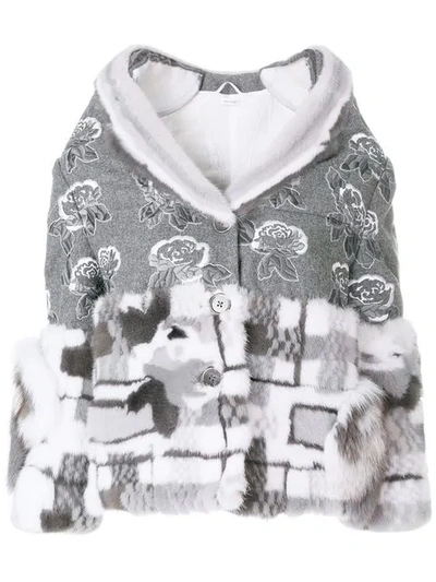 Thom Browne Floral Embroidery Mink Trim Overcoat - Grey