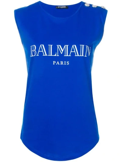Balmain Logo Printed Tank Top In Blue