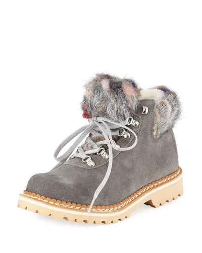 La Montelliana Clara Suede Fur-trimmed Boots In Gray