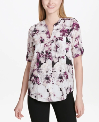 Iconic American Designer Split-neck Printed Top In Aubergine Floral