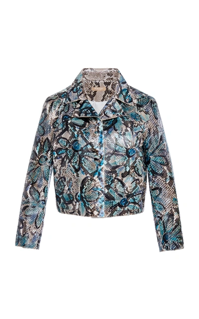 Michael Kors Floral-painted Python Cropped Moto Jacket In Brown/blue