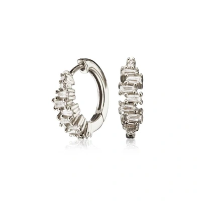 Lily & Roo Small Silver Stacked Baguette Diamond Style Huggie Hoop Earrings