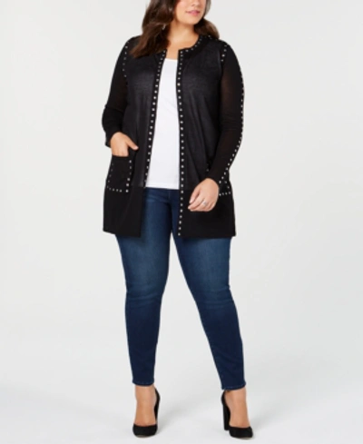 Belldini Black Label Plus Size Sheer Studded Long Cardigan In Black/silver