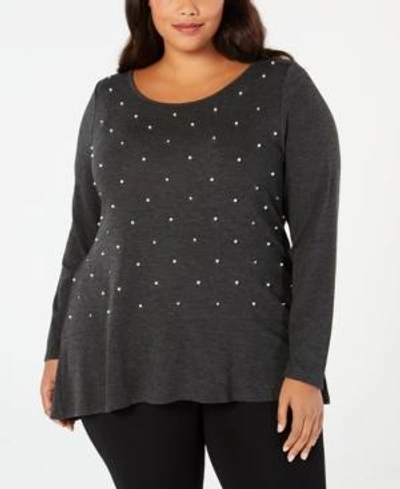 Belldini Black Label Plus Size Embellished Peplum Hacci Top In Heather Charcoal