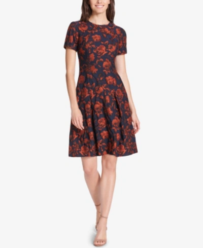 Vince Camuto Floral Jacquard Fit & Flare Dress In Blue Floral | ModeSens