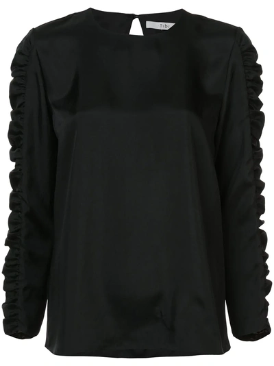Tibi Mendini Twill Shirred Sleeve Blouse In Black