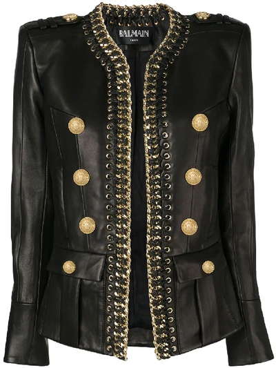 Balmain Embellished Leather Jacket In Black