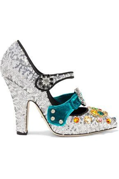 Dolce & Gabbana Woman Velvet-trimmed Embellished Sequined Leather Mary Jane Pumps Silver