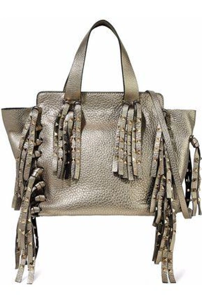 Valentino Garavani Woman Studded Fringed Metallic Pebbled-shoulder Bag Gold