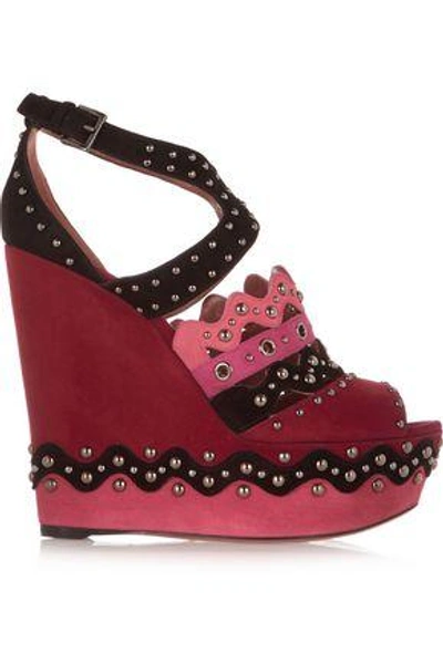 Alaïa Woman Chamois Cloute Color-block Embellished Suede Wedge Sandals Claret