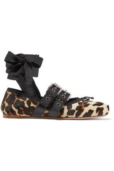 Miu Miu Lace-up Leather-trimmed Leopard-print Calf Hair Ballet Flats In Animal Print