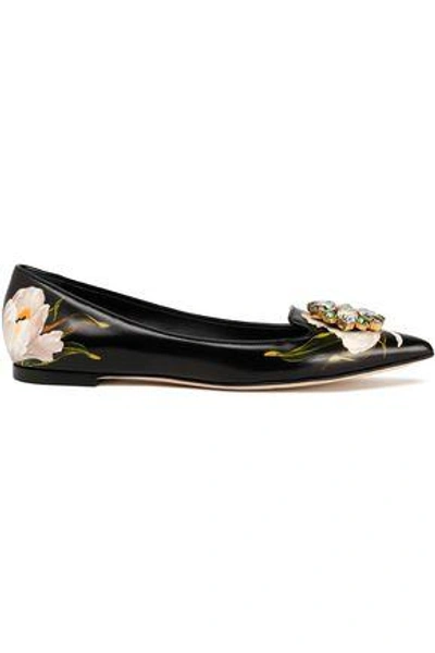 Dolce & Gabbana Crystal-embellished Floral-print Leather Point-toe Flats In Black