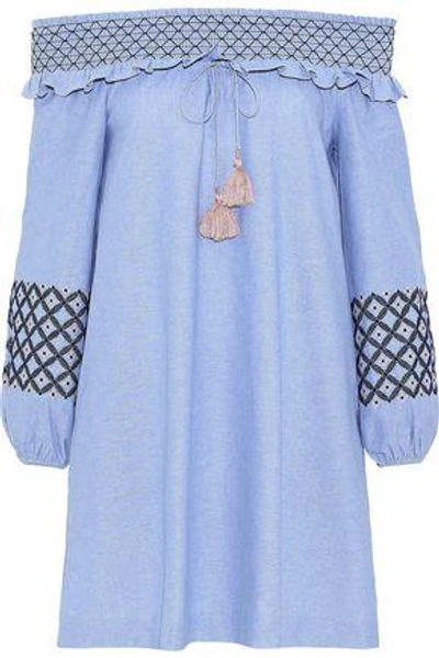 Rebecca Minkoff Woman Goldie Off-the-shoulder Embroidered Cotton Oxford Mini Dress Light Blue