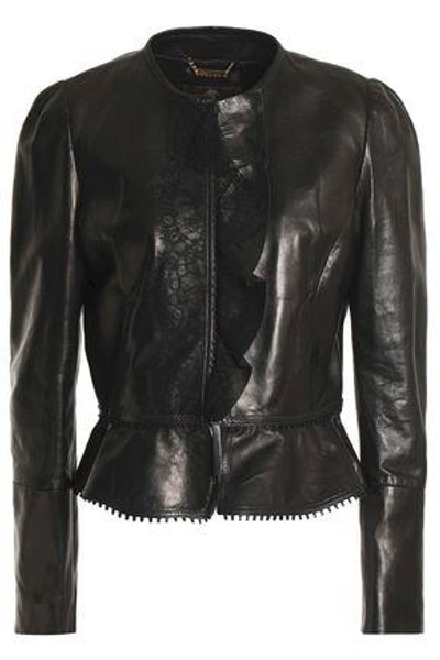 Roberto Cavalli Lace And Ruffle-trimmed Leather Jacket In Black