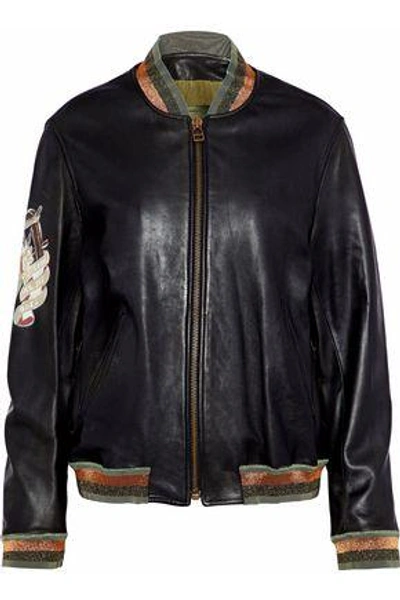 Mr & Mrs Italy Metallic Printed Leather Bomber Jacket In Black