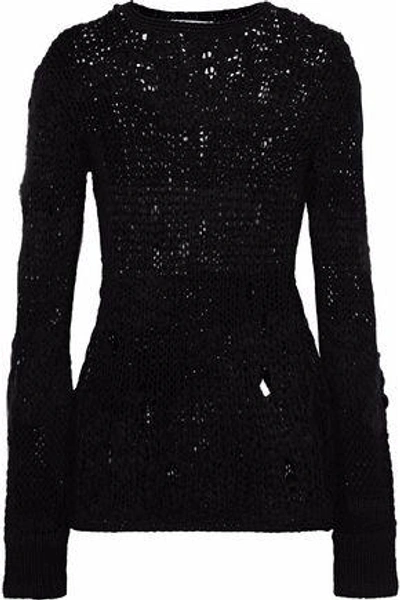 Helmut Lang Woman Distressed Open-knit Wool-blend Sweater Black